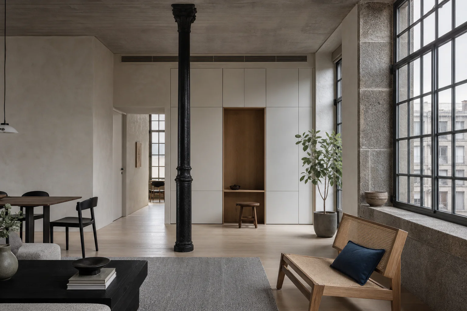 Imagem conceptual do interior de uma unidade Urdume, com coluna de ferro fundido, paredes de granito, vãos de fábrica e carpintaria contemporânea.